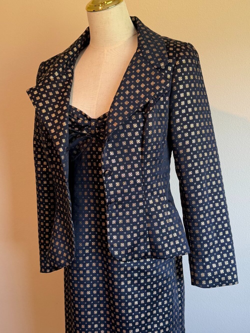 I. Magnin Vintage Navy Gold Brocade Maxi Dress Set Formal Wedding Guest M